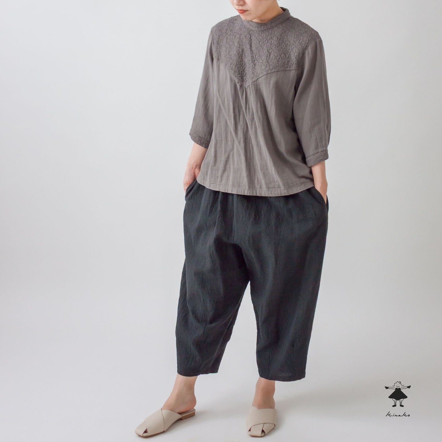 ダブルガーゼ七分袖胸切替プルオーバー