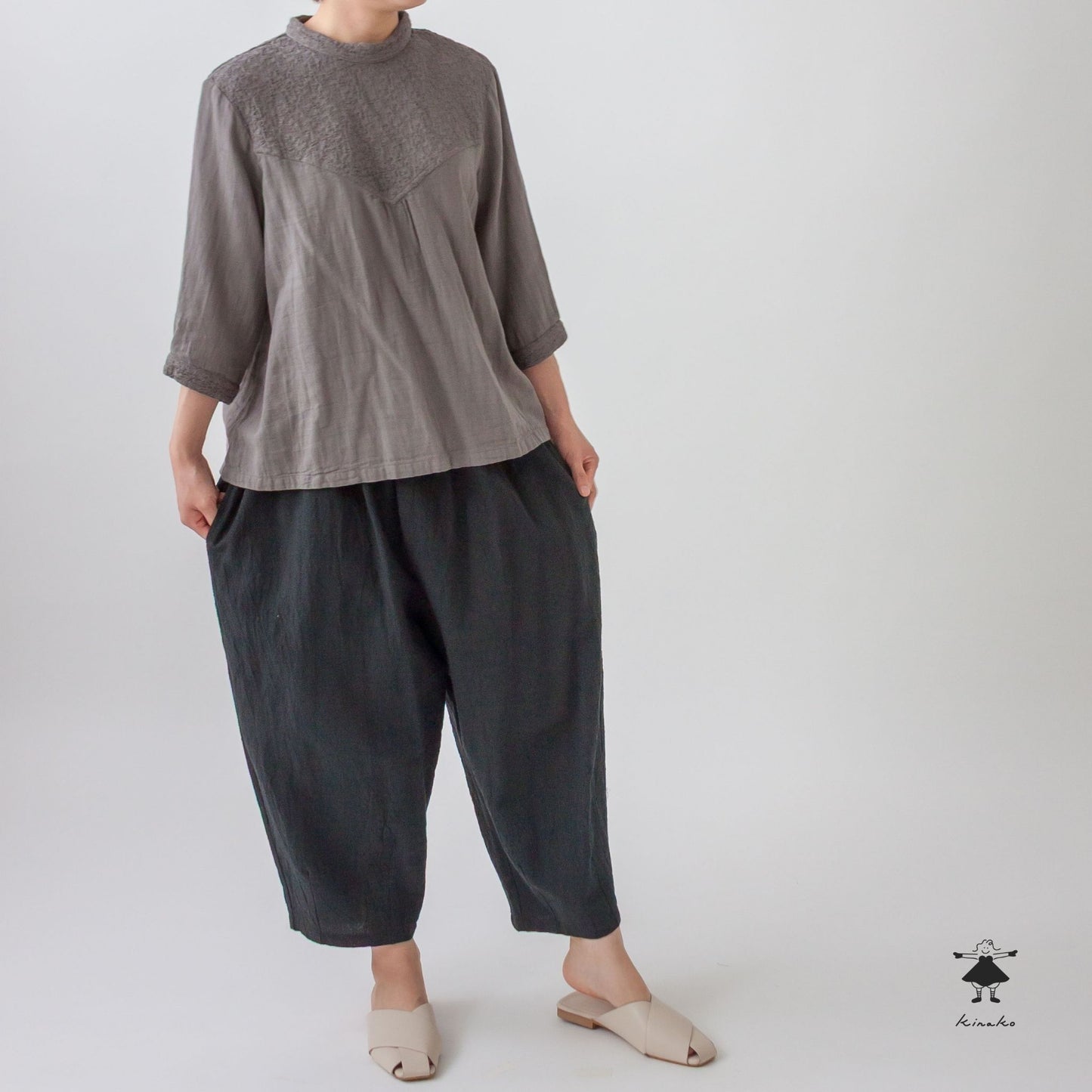 ダブルガーゼ七分袖胸切替プルオーバー