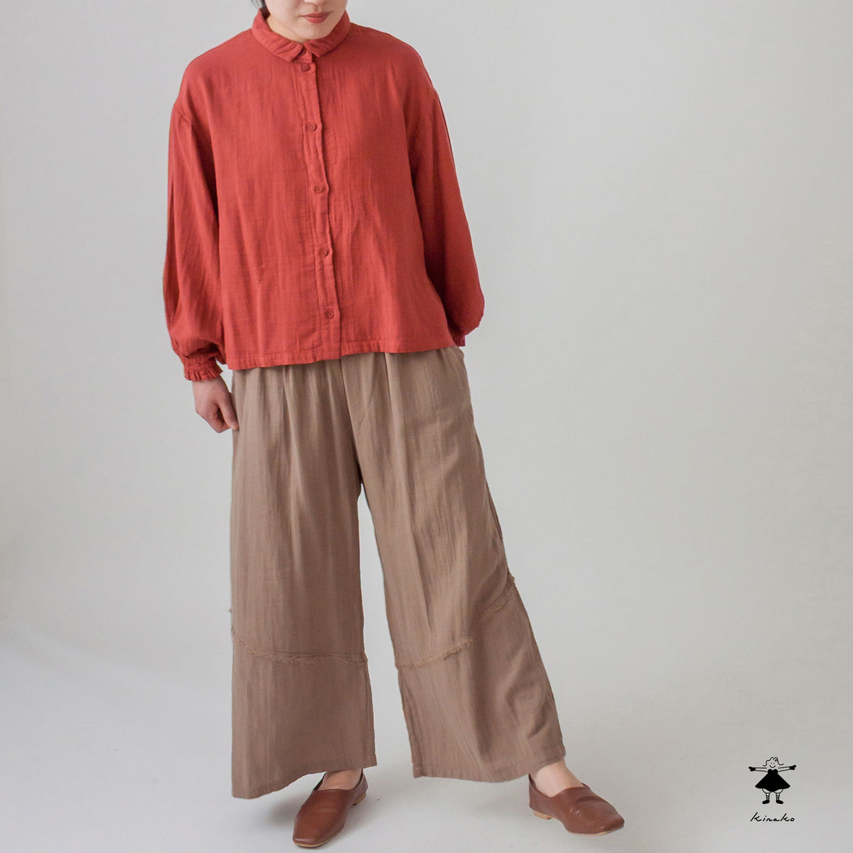 ダブルガーゼ 裾切替ワイドパンツ